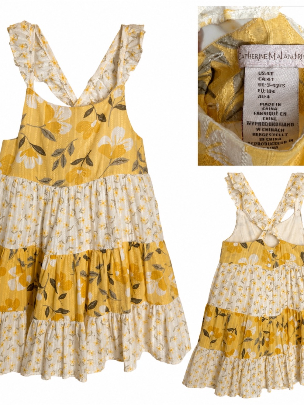 Catherine Malandrino Yellow and Cream Floral Tiered Ruffle Dress